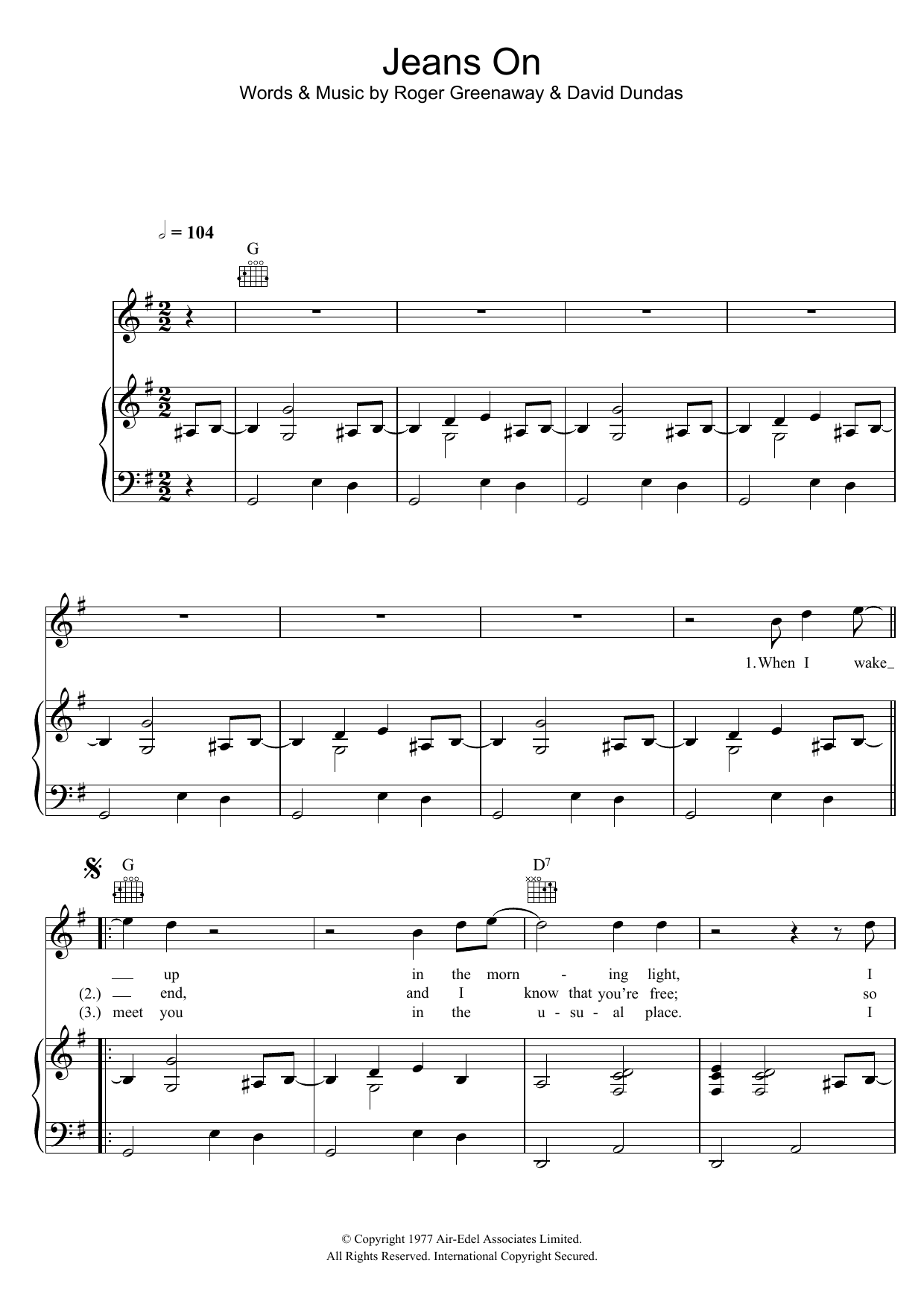 Download David Dundas Jeans On Sheet Music and learn how to play Piano, Vocal & Guitar PDF digital score in minutes