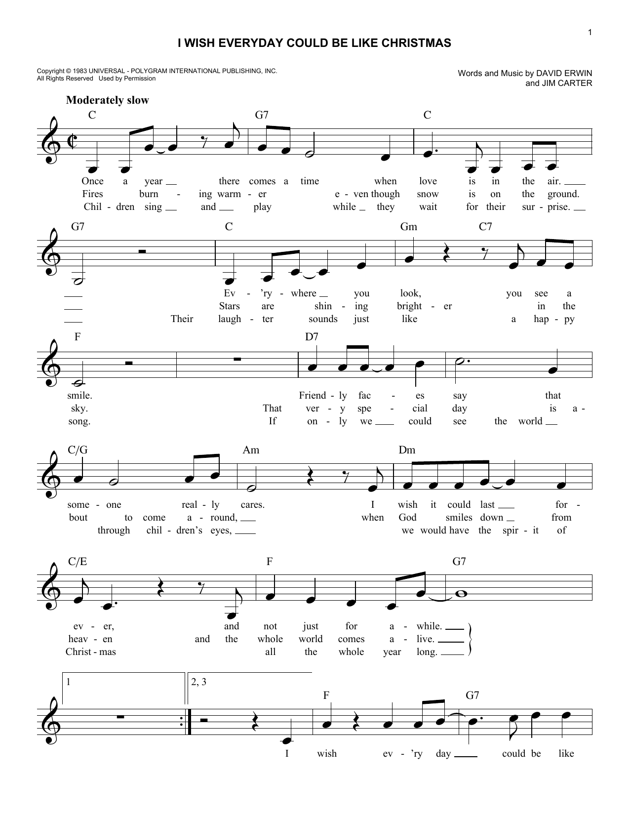 Download David Erwin I Wish Everyday Could Be Like Christmas Sheet Music and learn how to play Melody Line, Lyrics & Chords PDF digital score in minutes