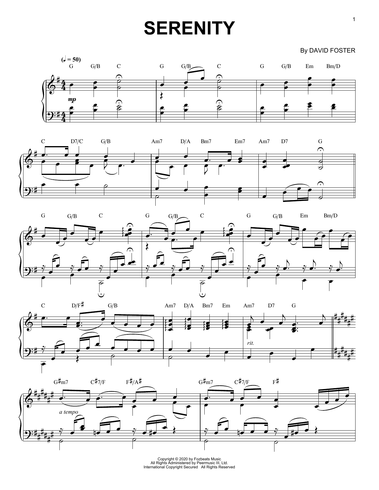 Download David Foster Serenity Sheet Music and learn how to play Piano Solo PDF digital score in minutes