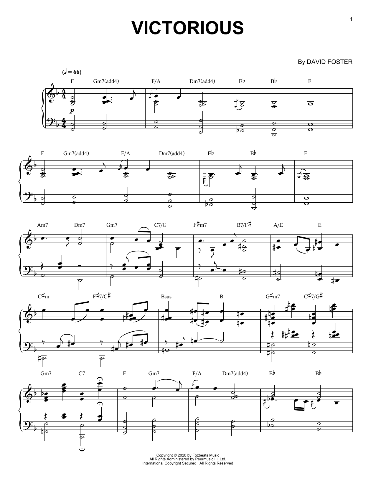 Download David Foster Victorious Sheet Music and learn how to play Piano Solo PDF digital score in minutes