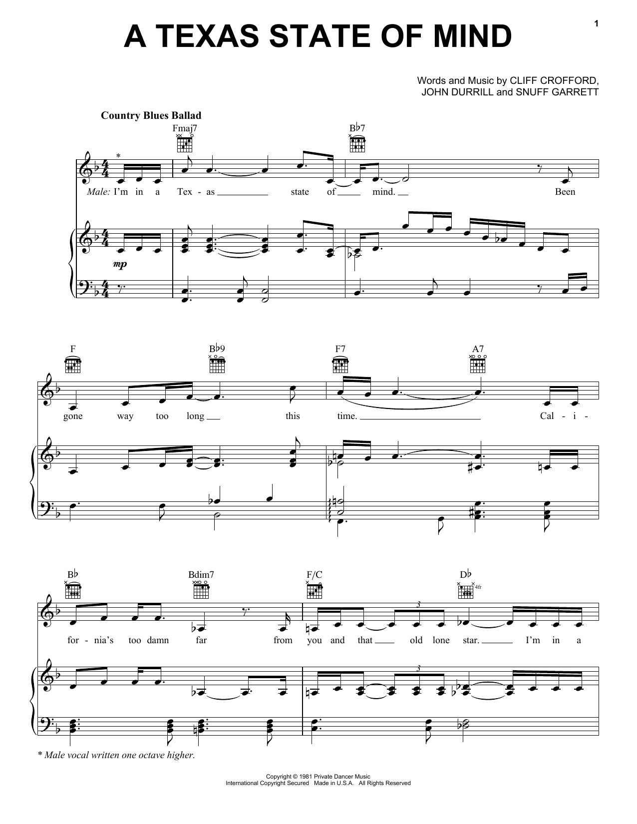 Download David Frizzell and Shelly West A Texas State Of Mind Sheet Music and learn how to play Piano, Vocal & Guitar Chords (Right-Hand Melody) PDF digital score in minutes