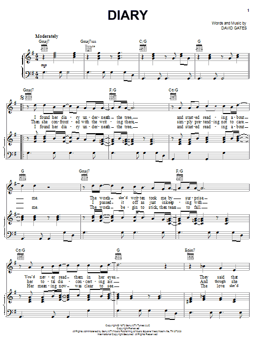 Download David Gates Diary Sheet Music and learn how to play Piano, Vocal & Guitar (Right-Hand Melody) PDF digital score in minutes
