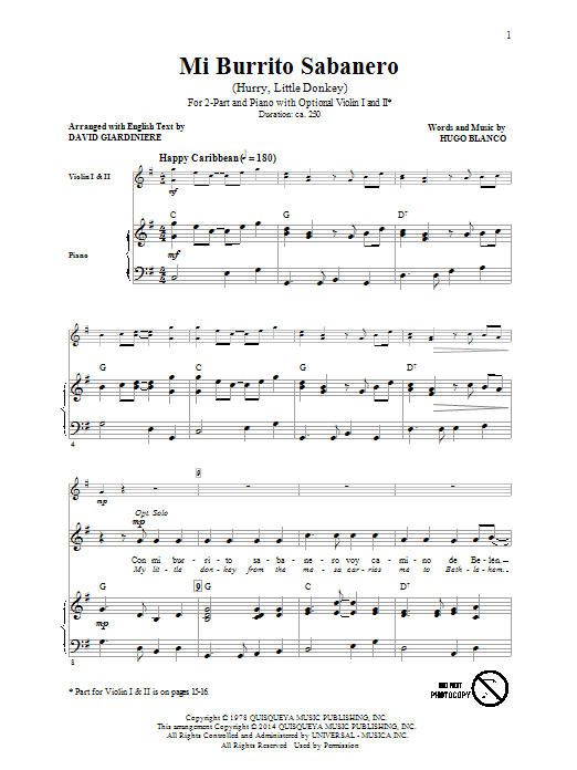Download David Giardiniere El Burrito Sabanero (Mi Burrito Sabanero) Sheet Music and learn how to play 2-Part Choir PDF digital score in minutes
