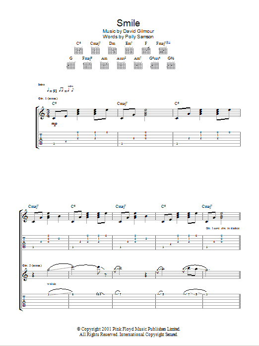 Download David Gilmour Smile Sheet Music and learn how to play Guitar Tab PDF digital score in minutes