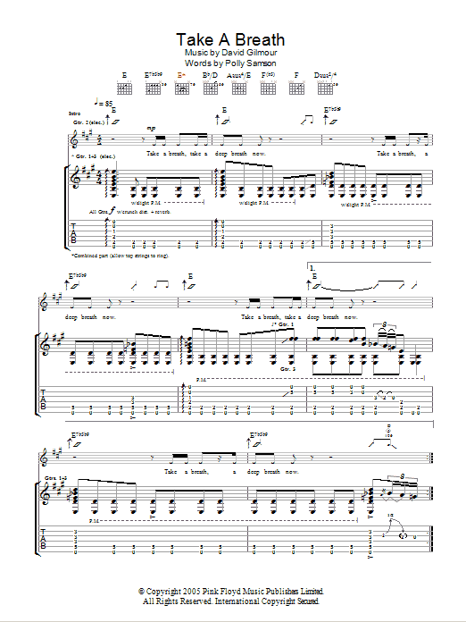 Download David Gilmour Take A Breath Sheet Music and learn how to play Guitar Tab PDF digital score in minutes