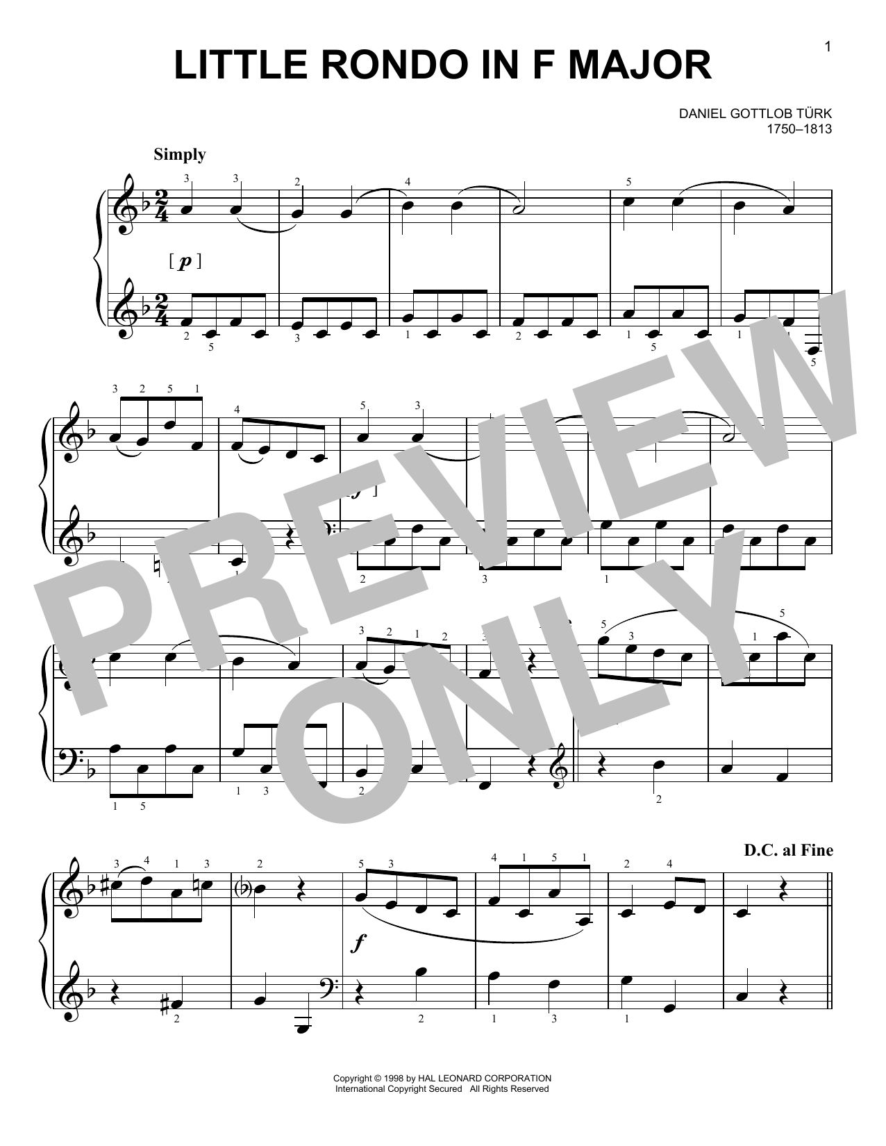 Download David Gottlob Turk Little Rondo Sheet Music and learn how to play Easy Piano PDF digital score in minutes