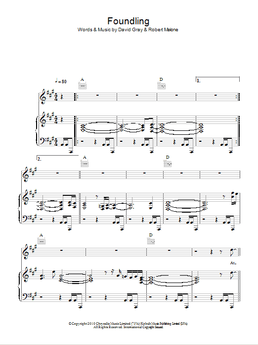Download David Gray Foundling Sheet Music and learn how to play Piano, Vocal & Guitar (Right-Hand Melody) PDF digital score in minutes