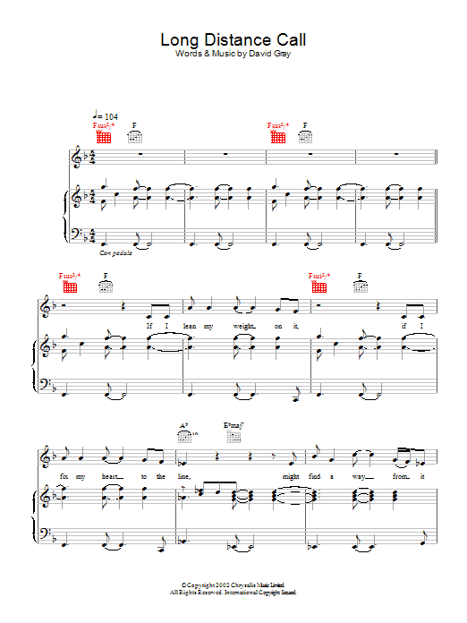 Download David Gray Long Distance Call Sheet Music and learn how to play Piano, Vocal & Guitar PDF digital score in minutes