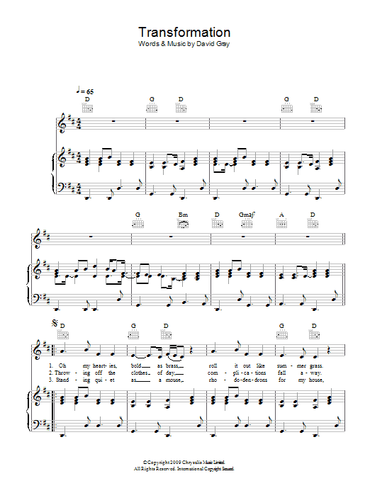 Download David Gray Transformation Sheet Music and learn how to play Piano, Vocal & Guitar PDF digital score in minutes