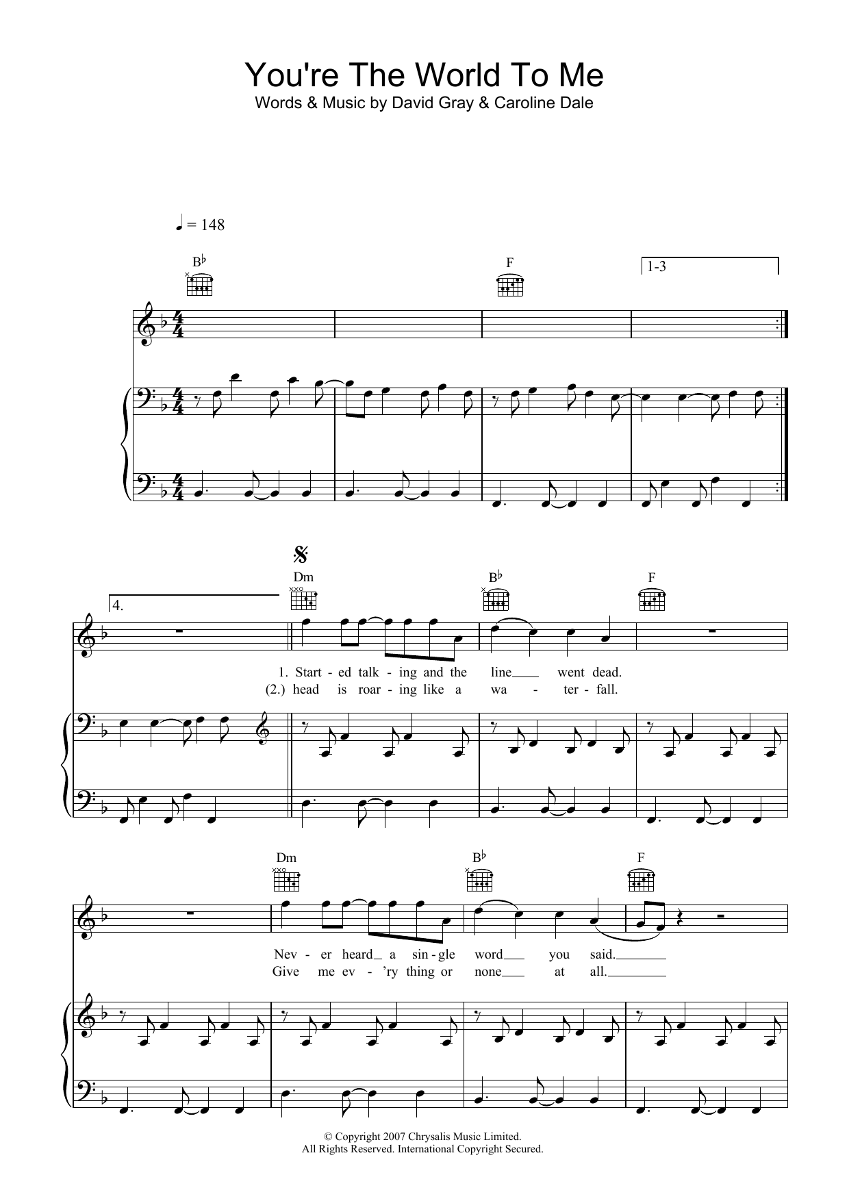 Download David Gray You're The World To Me Sheet Music and learn how to play Piano, Vocal & Guitar PDF digital score in minutes