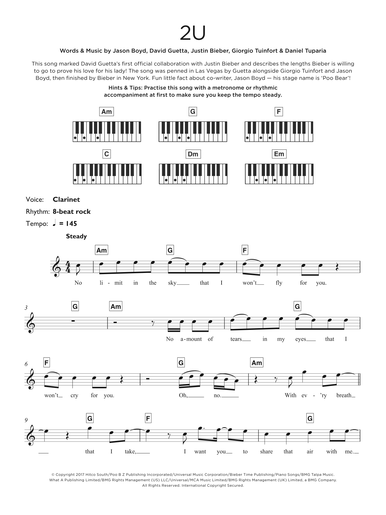 Download David Guetta 2U (feat. Justin Bieber) Sheet Music and learn how to play Keyboard PDF digital score in minutes
