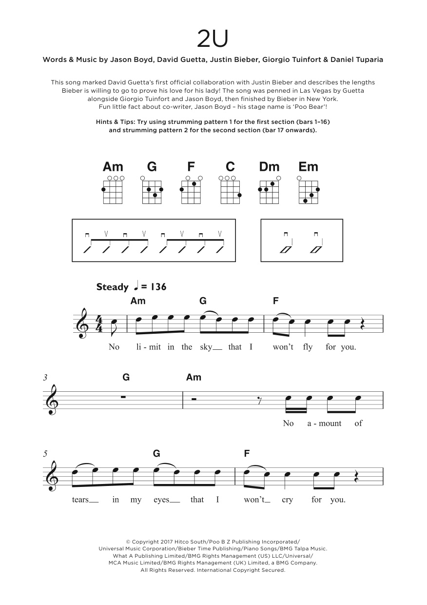 Download David Guetta 2U Sheet Music and learn how to play Beginner Ukulele PDF digital score in minutes