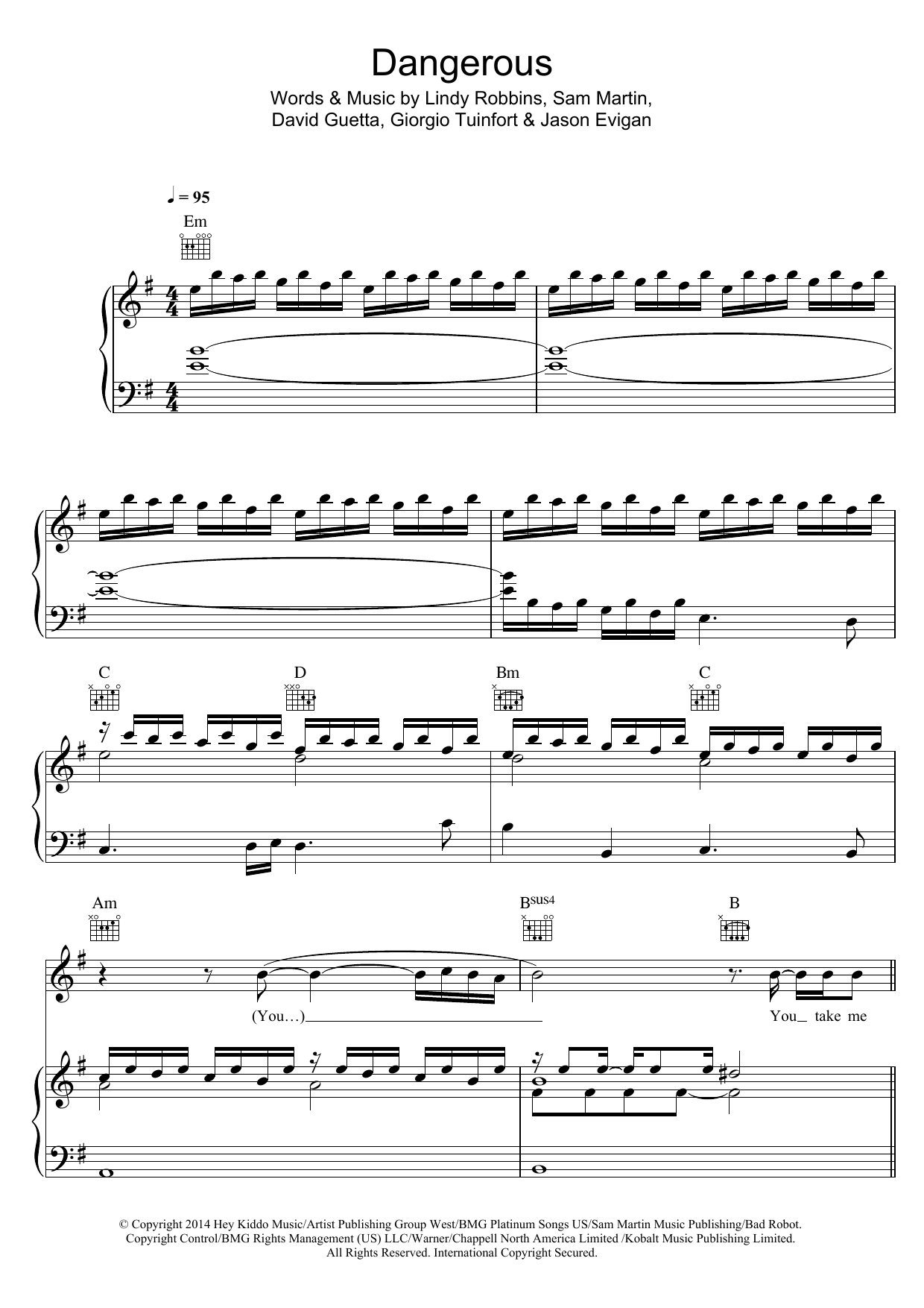 Download David Guetta Dangerous (feat. Sam Martin) Sheet Music and learn how to play Piano, Vocal & Guitar PDF digital score in minutes