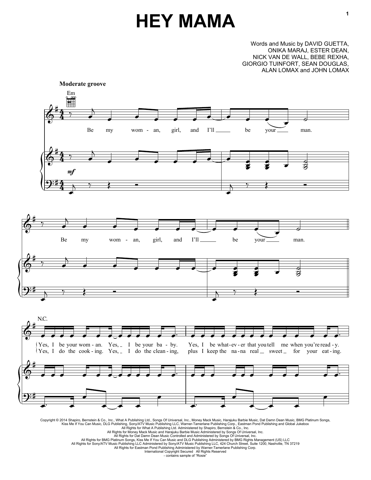 Download David Guetta Hey Mama (feat. Nicki Minaj & Afrojack) Sheet Music and learn how to play Piano, Vocal & Guitar (Right-Hand Melody) PDF digital score in minutes