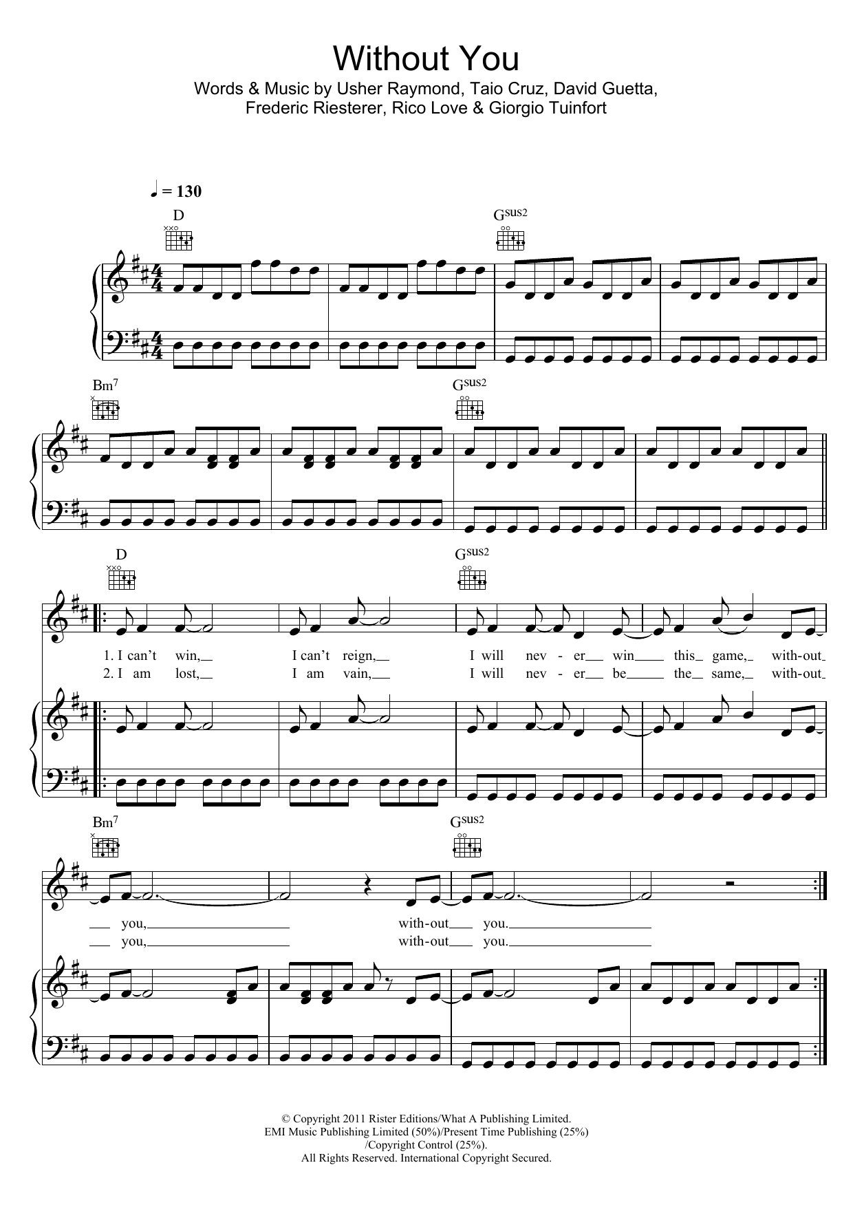 Download David Guetta Without You (feat. Usher) Sheet Music and learn how to play Piano, Vocal & Guitar (Right-Hand Melody) PDF digital score in minutes