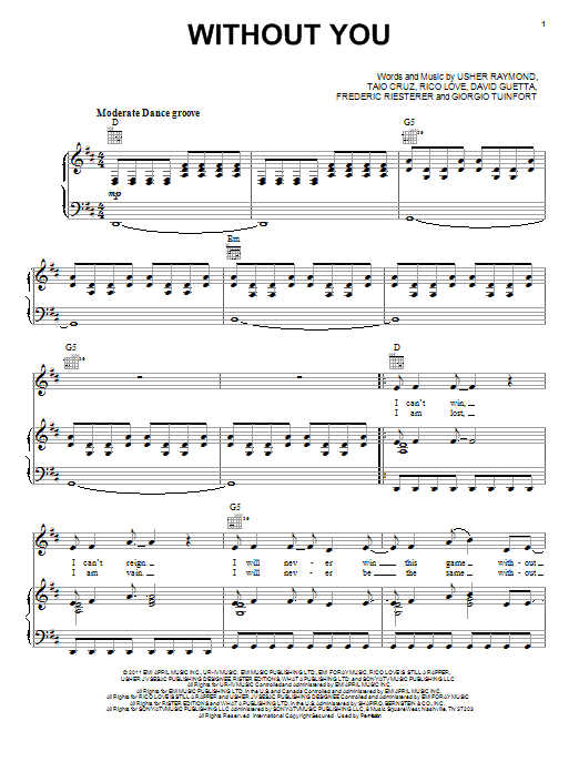 Download David Guetta Without You (feat. Usher) Sheet Music and learn how to play Piano, Vocal & Guitar (Right-Hand Melody) PDF digital score in minutes