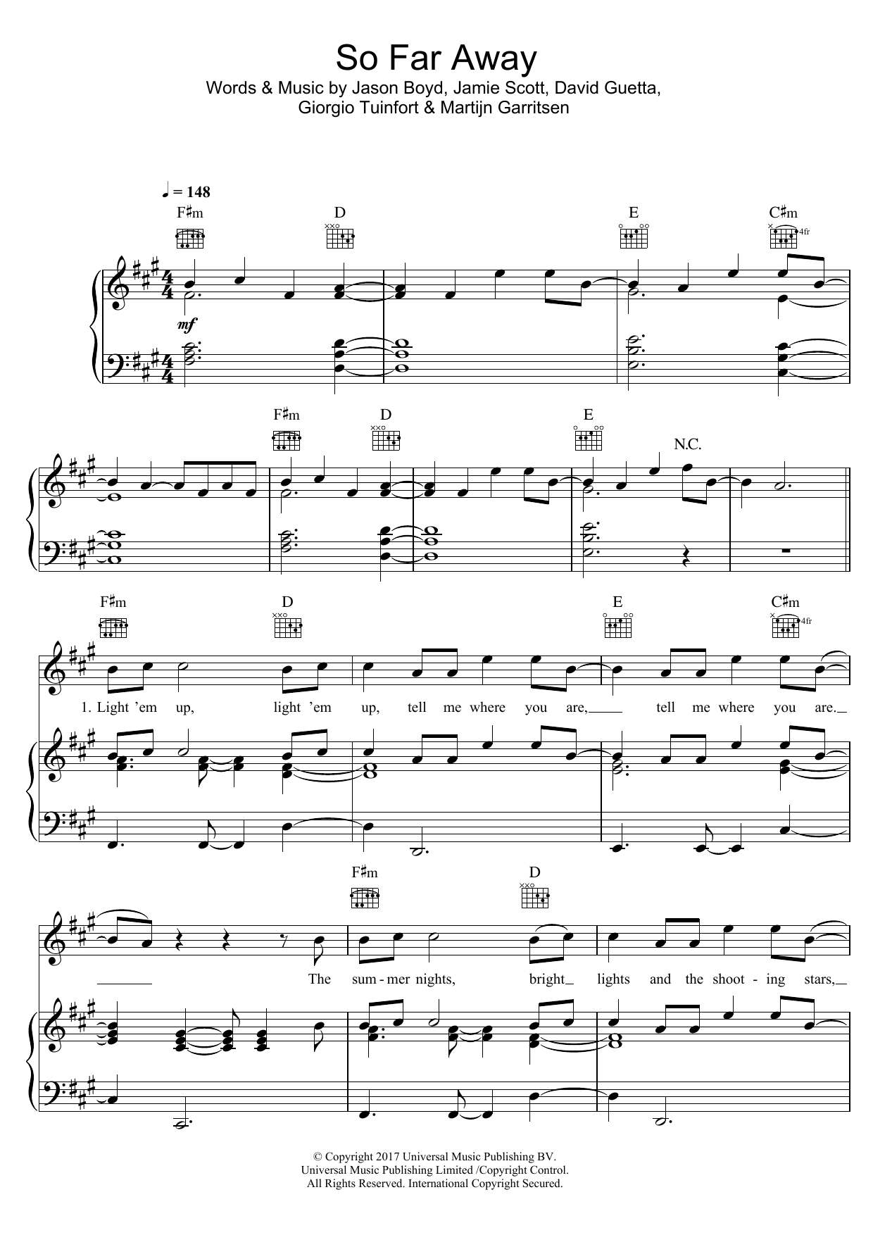 Download David Guetta So Far Away (feat. Jamie Scott) Sheet Music and learn how to play Piano, Vocal & Guitar (Right-Hand Melody) PDF digital score in minutes