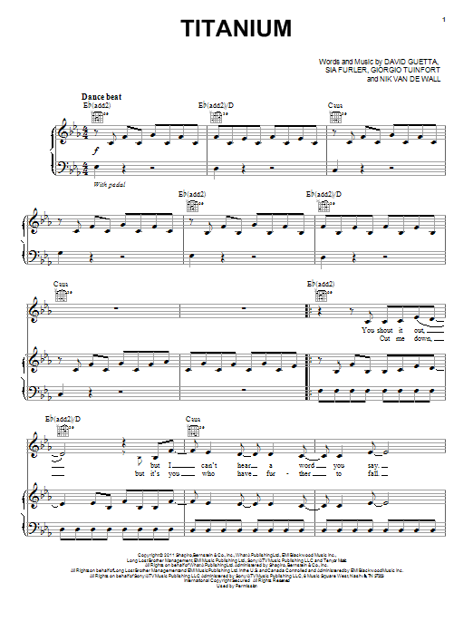 Download David Guetta Titanium (feat. Sia) Sheet Music and learn how to play Piano, Vocal & Guitar (Right-Hand Melody) PDF digital score in minutes