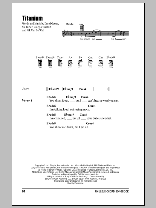 Download David Guetta Titanium (feat. Sia) Sheet Music and learn how to play Ukulele with strumming patterns PDF digital score in minutes