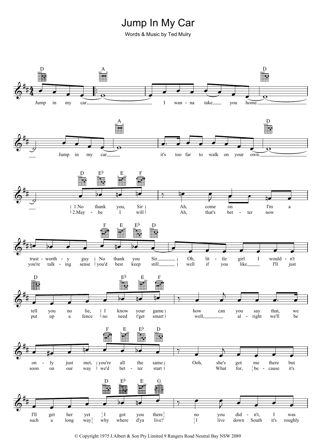 Download David Hasselhoff Jump In My Car Sheet Music and learn how to play Melody Line, Lyrics & Chords PDF digital score in minutes