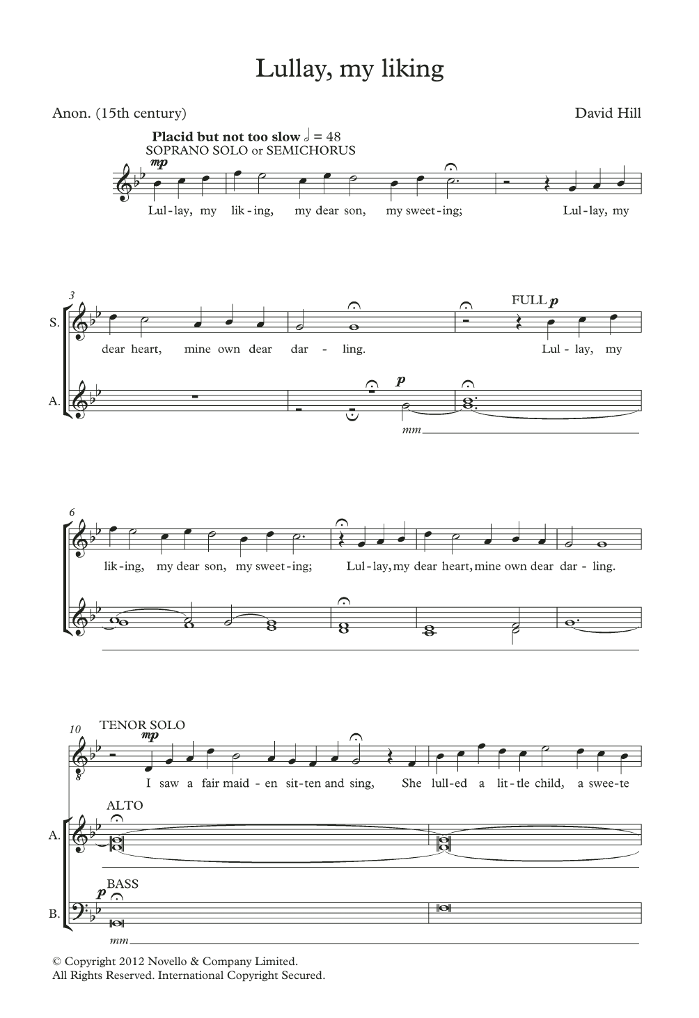 Download David Hill Lullay, My Liking Sheet Music and learn how to play SATB Choir PDF digital score in minutes