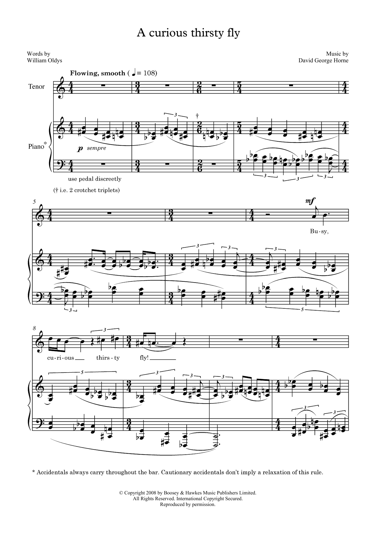 Download David Horne A curious thirsty fly (for tenor & piano) Sheet Music and learn how to play Piano & Vocal PDF digital score in minutes
