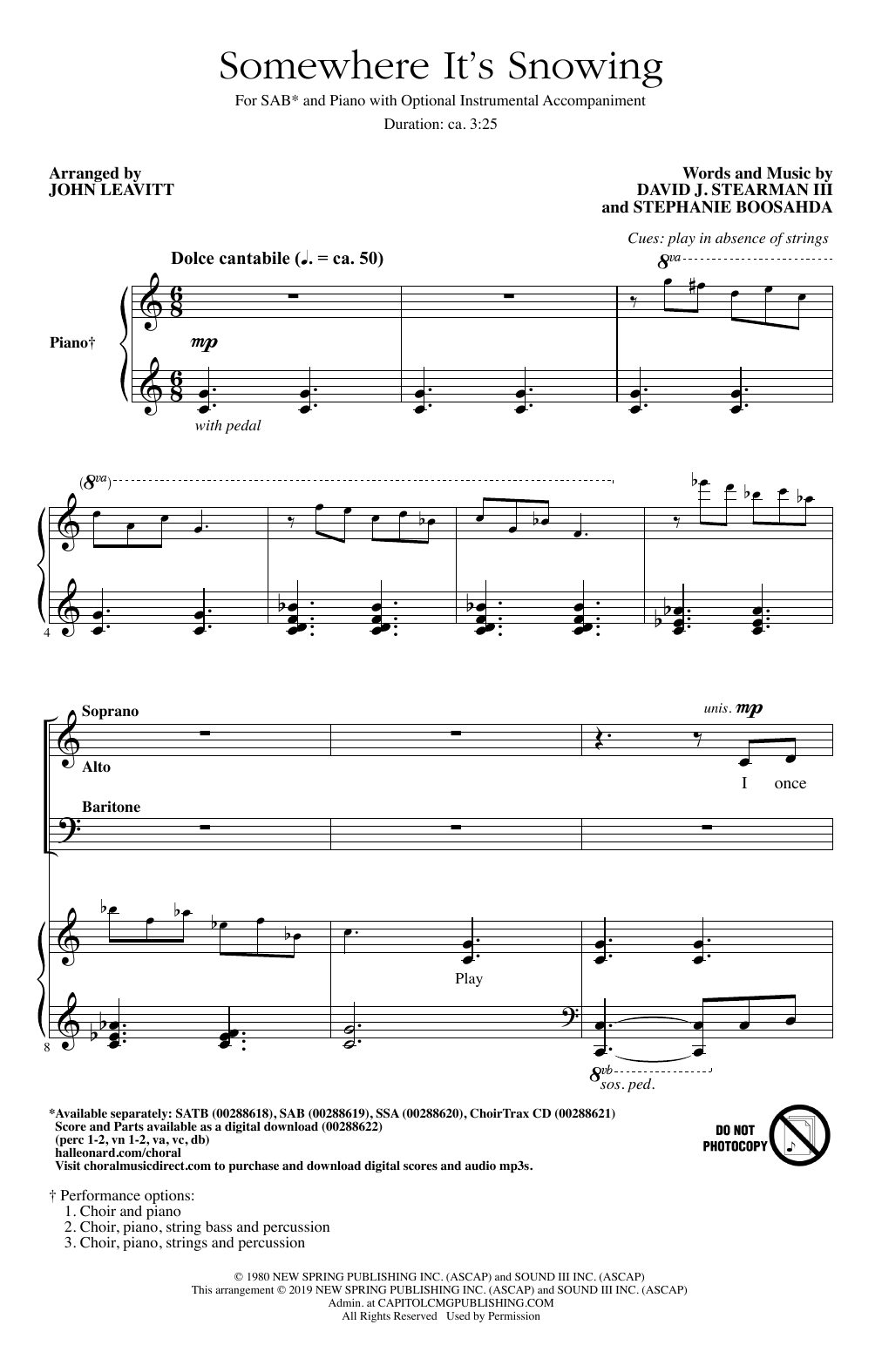 Download David J. Stearman III & Stephanie Boosahda Somewhere It's Snowing (arr. John Leavitt) Sheet Music and learn how to play SATB Choir PDF digital score in minutes