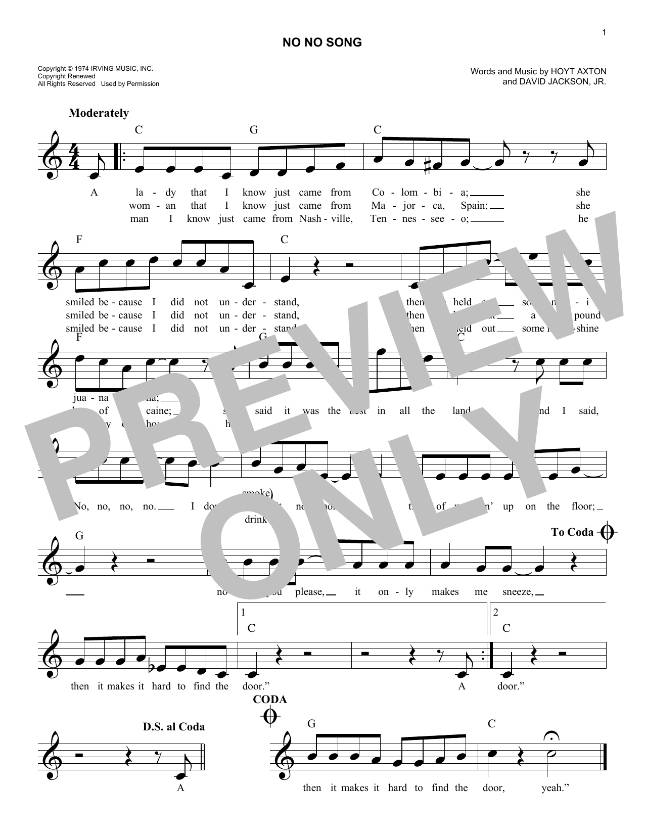 Download David Jackson, Jr. No No Song Sheet Music and learn how to play Melody Line, Lyrics & Chords PDF digital score in minutes