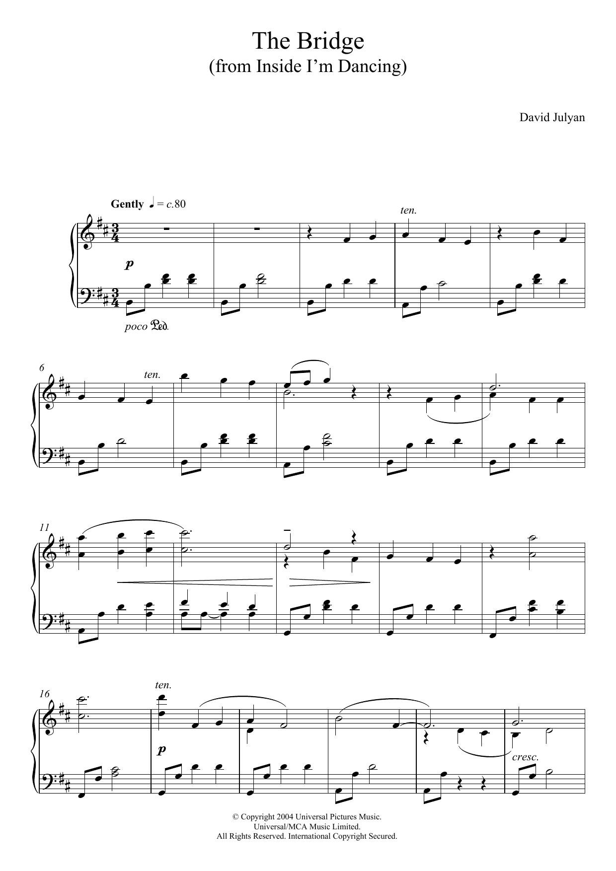 Download David Julyan The Bridge (from 'Inside I'm Dancing') Sheet Music and learn how to play Piano PDF digital score in minutes