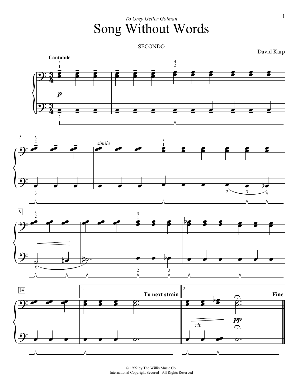Download David Karp Song Without Words Sheet Music and learn how to play Piano Duet PDF digital score in minutes