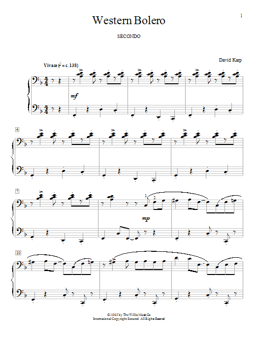 Download David Karp Western Bolero Sheet Music and learn how to play Piano Duet PDF digital score in minutes