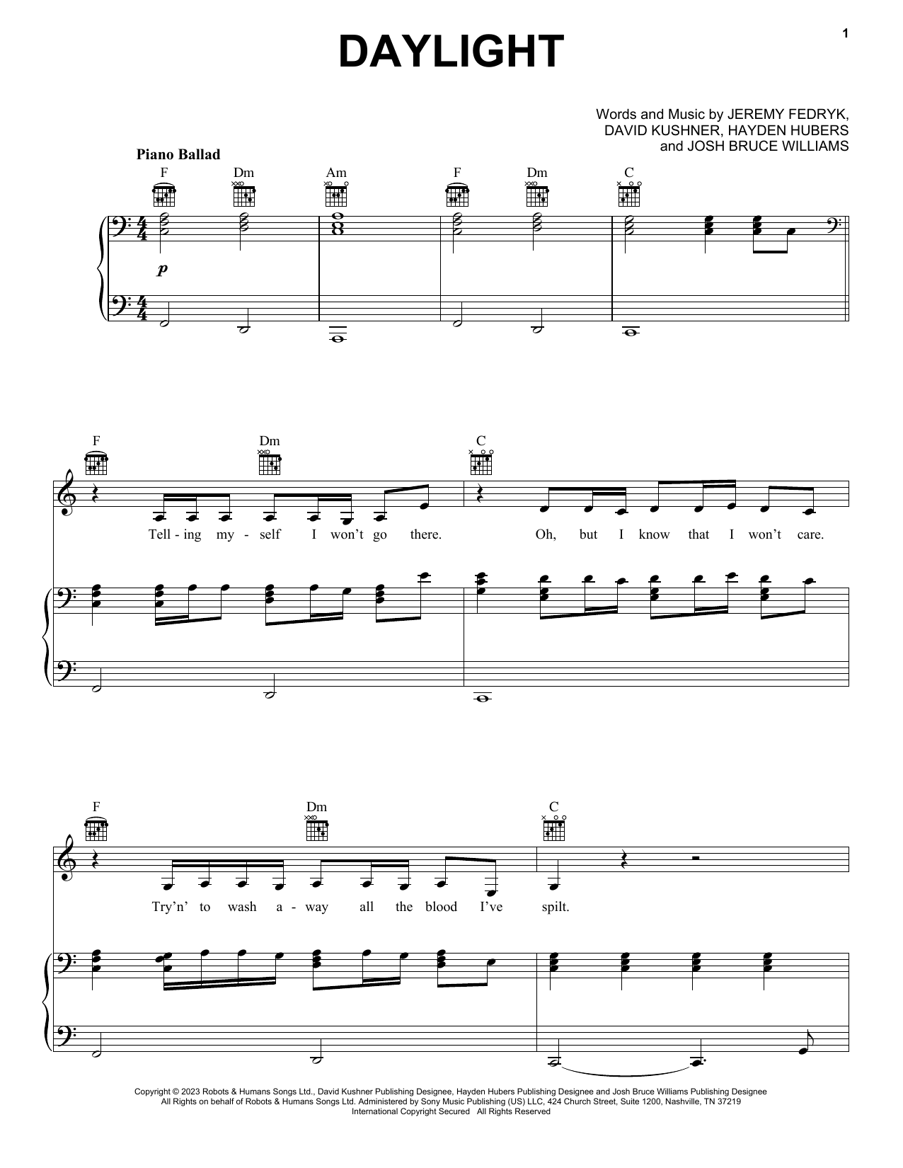 Download David Kushner Daylight Sheet Music and learn how to play Piano, Vocal & Guitar Chords (Right-Hand Melody) PDF digital score in minutes