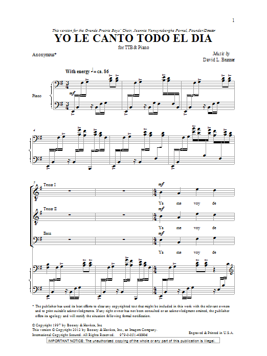 Download David L. Brunner Yo Le Canto Todo El Dia Sheet Music and learn how to play TTBB PDF digital score in minutes