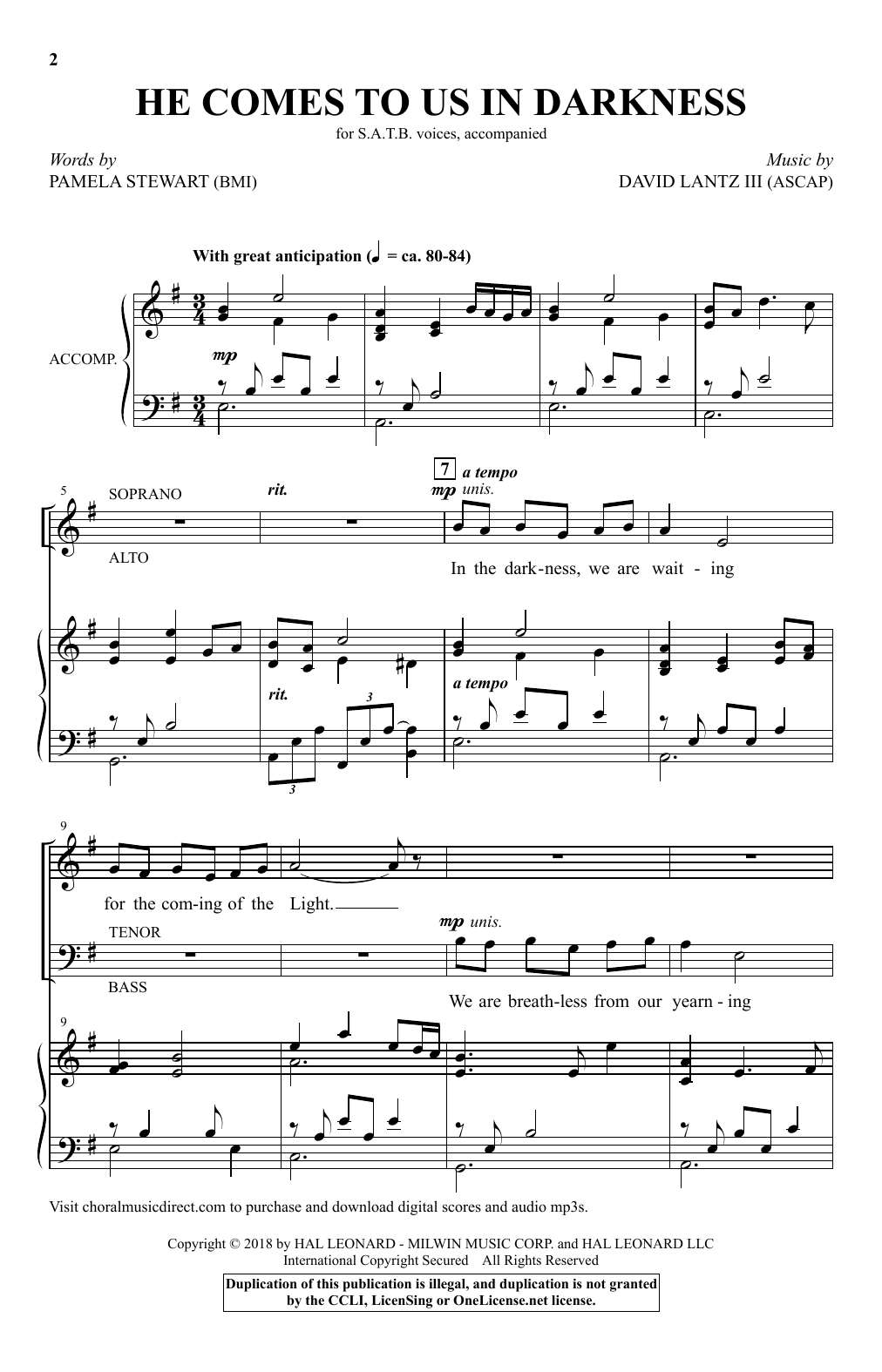 Download David Lantz III He Comes To Us In Darkness Sheet Music and learn how to play SATB PDF digital score in minutes