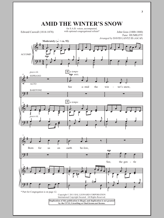 Download John Goss See Amid The Winter's Snow (arr. David Lantz III) Sheet Music and learn how to play SAB PDF digital score in minutes