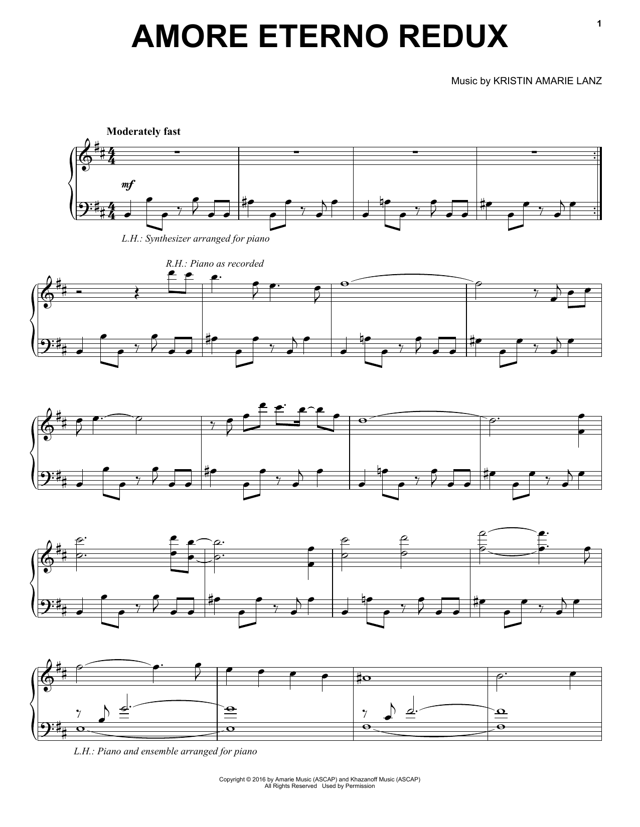 Download David Lanz & Kristin Amarie Amore Eterno Redux Sheet Music and learn how to play Piano Solo PDF digital score in minutes