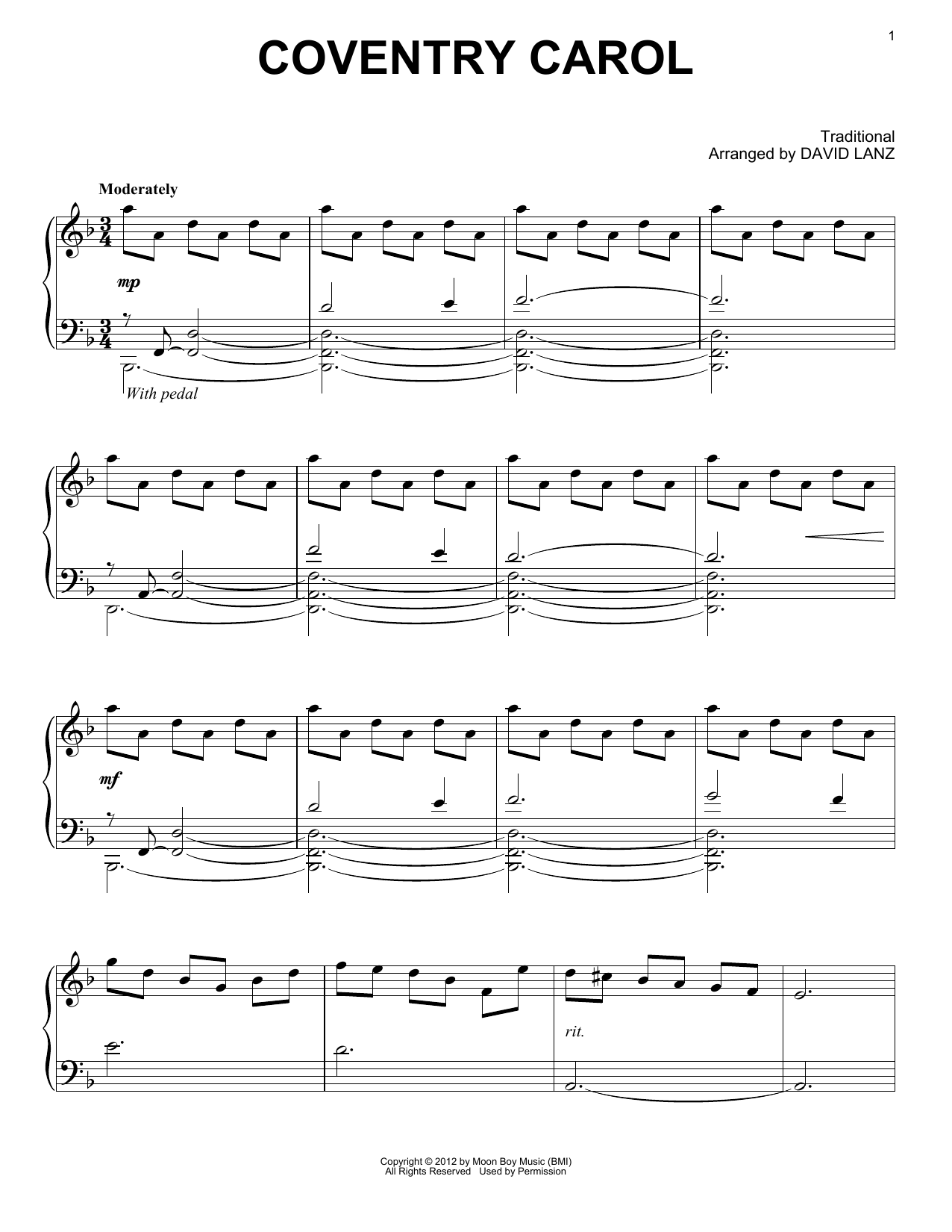 Download David Lanz Coventry Carol Sheet Music and learn how to play Piano Solo PDF digital score in minutes