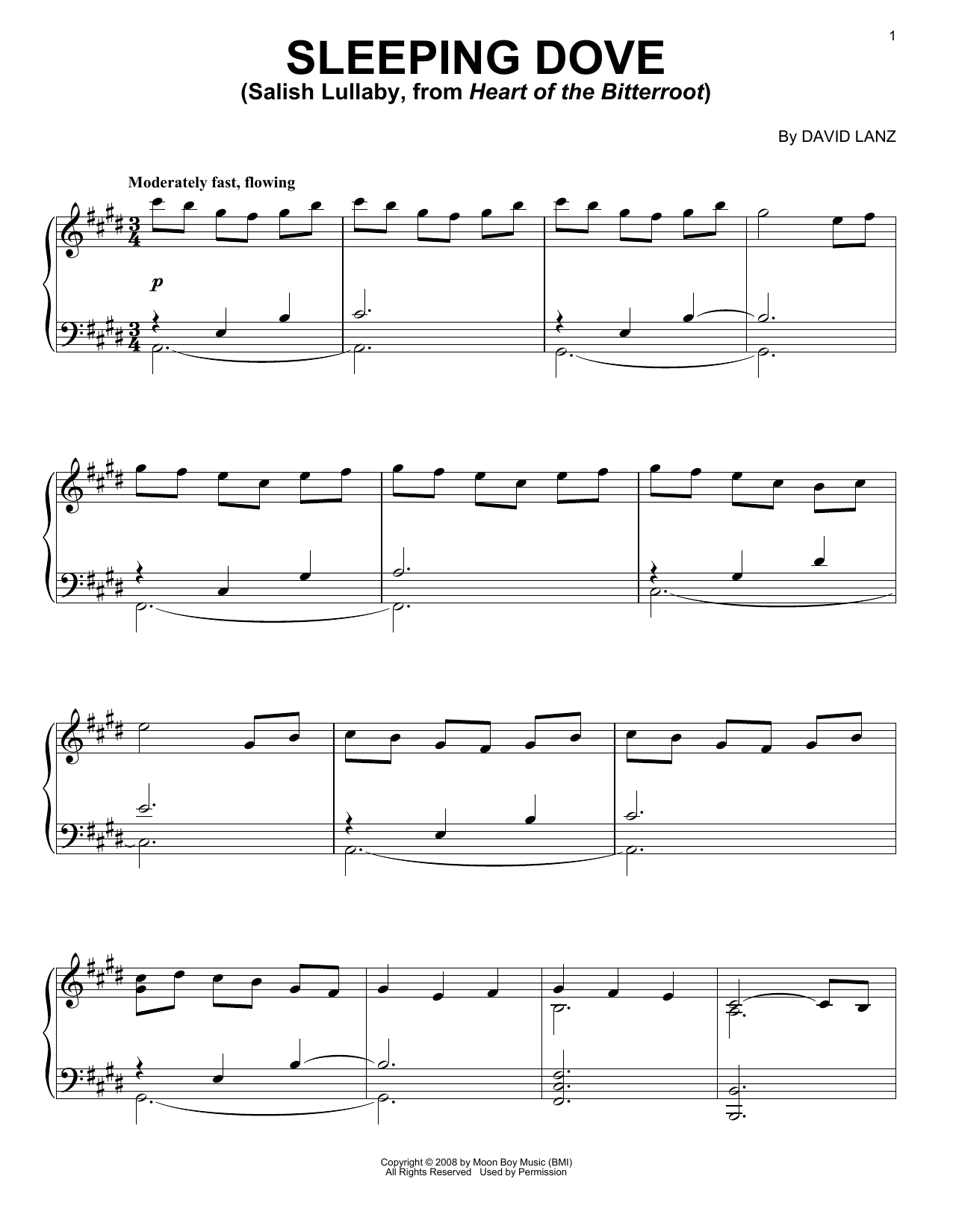 Download David Lanz Sleeping Dove (Salish Lullaby, from Heart Of The Bitterroot) Sheet Music and learn how to play Piano Solo PDF digital score in minutes