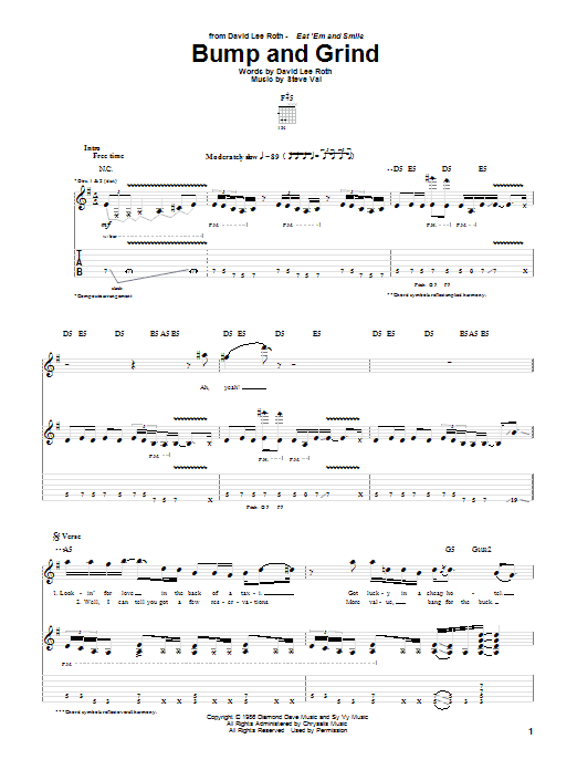 Download David Lee Roth Bump And Grind Sheet Music and learn how to play Guitar Tab PDF digital score in minutes