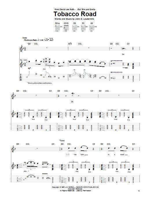 Download David Lee Roth Tobacco Road Sheet Music and learn how to play Guitar Tab PDF digital score in minutes