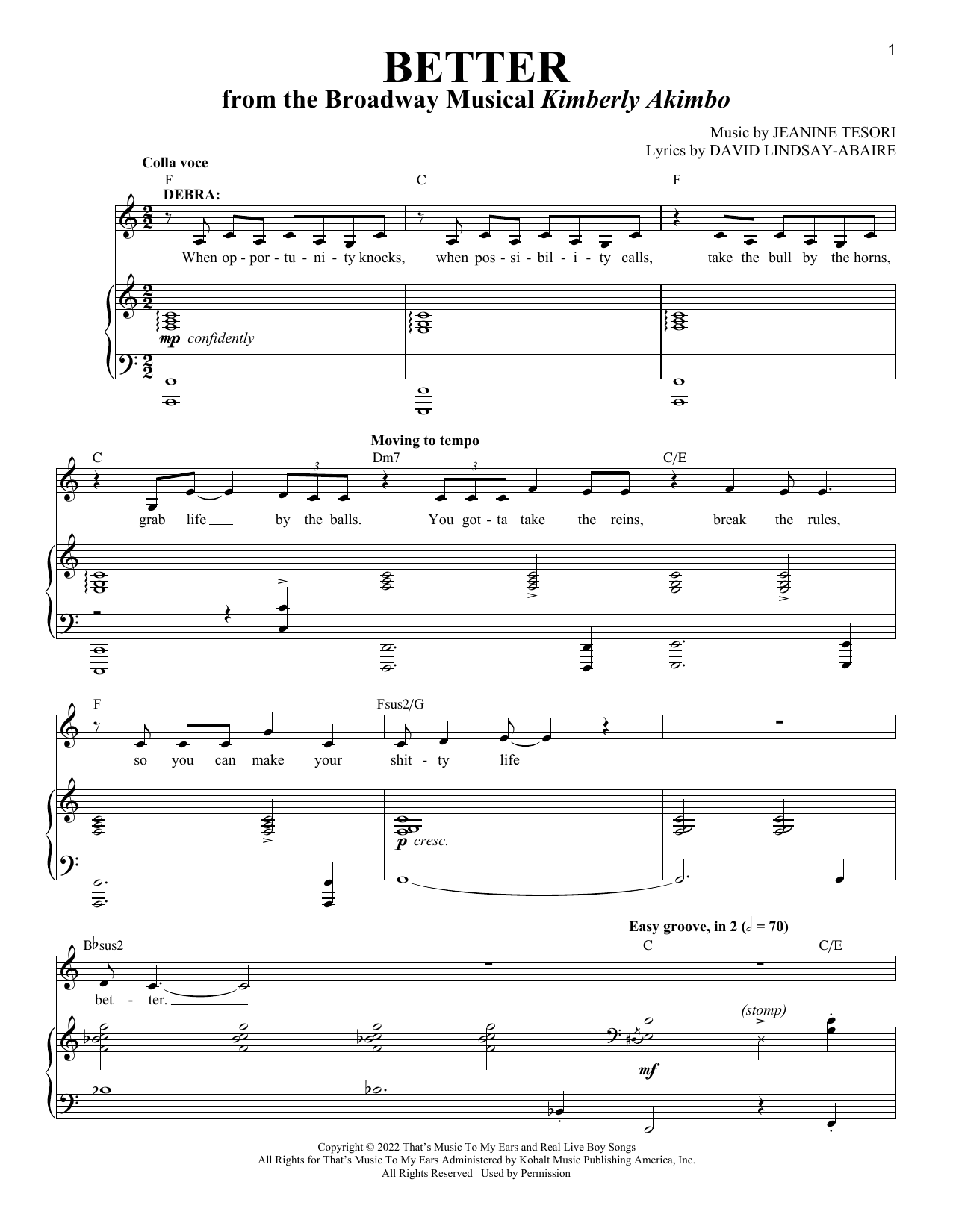 Download David Lindsay-Abaire and Jeanine Tesori Better (from Kimberly Akimbo) Sheet Music and learn how to play Piano & Vocal PDF digital score in minutes