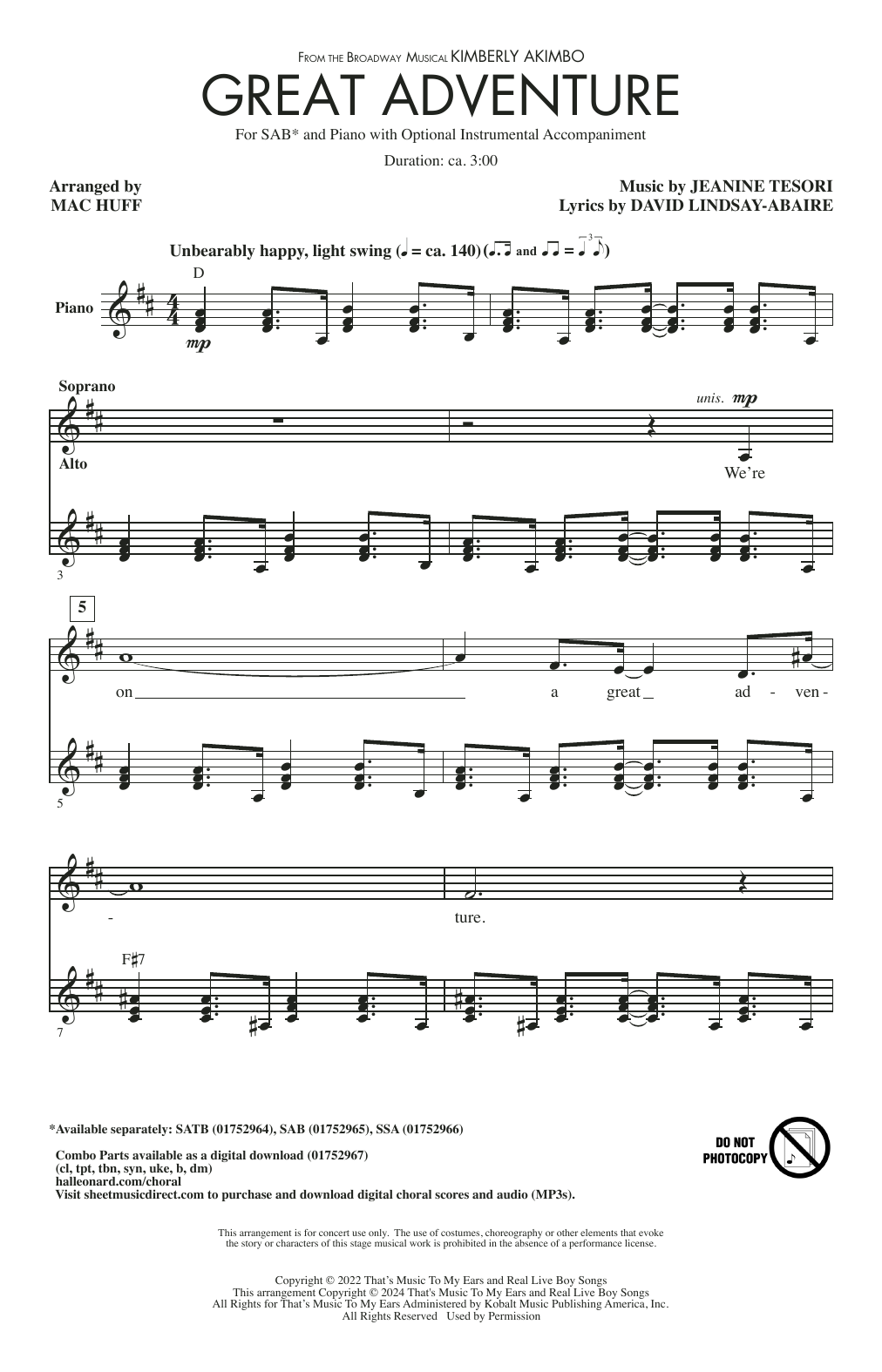 Download David Lindsay-Abaire and Jeanine Tesori Great Adventure (from Kimberly Akimbo) (arr. Mac Huff) Sheet Music and learn how to play SSA Choir PDF digital score in minutes