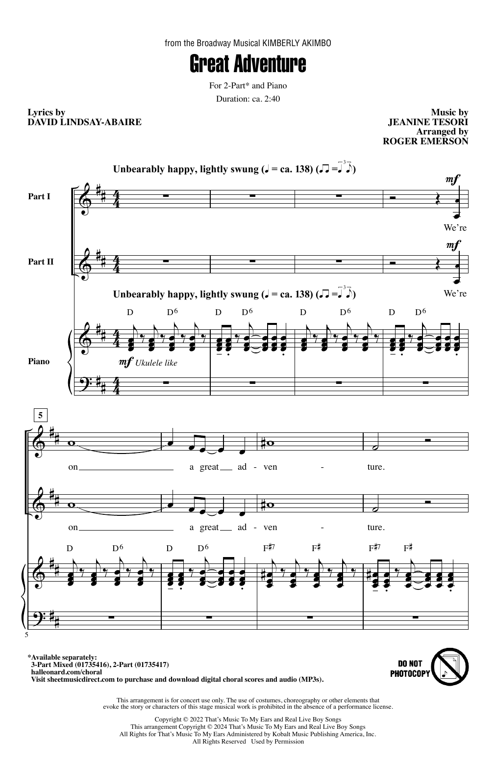 Download David Lindsay-Abaire and Jeanine Tesori Great Adventure (from Kimberkly Akimbo) (arr. Roger Emerson) Sheet Music and learn how to play 2-Part Choir PDF digital score in minutes