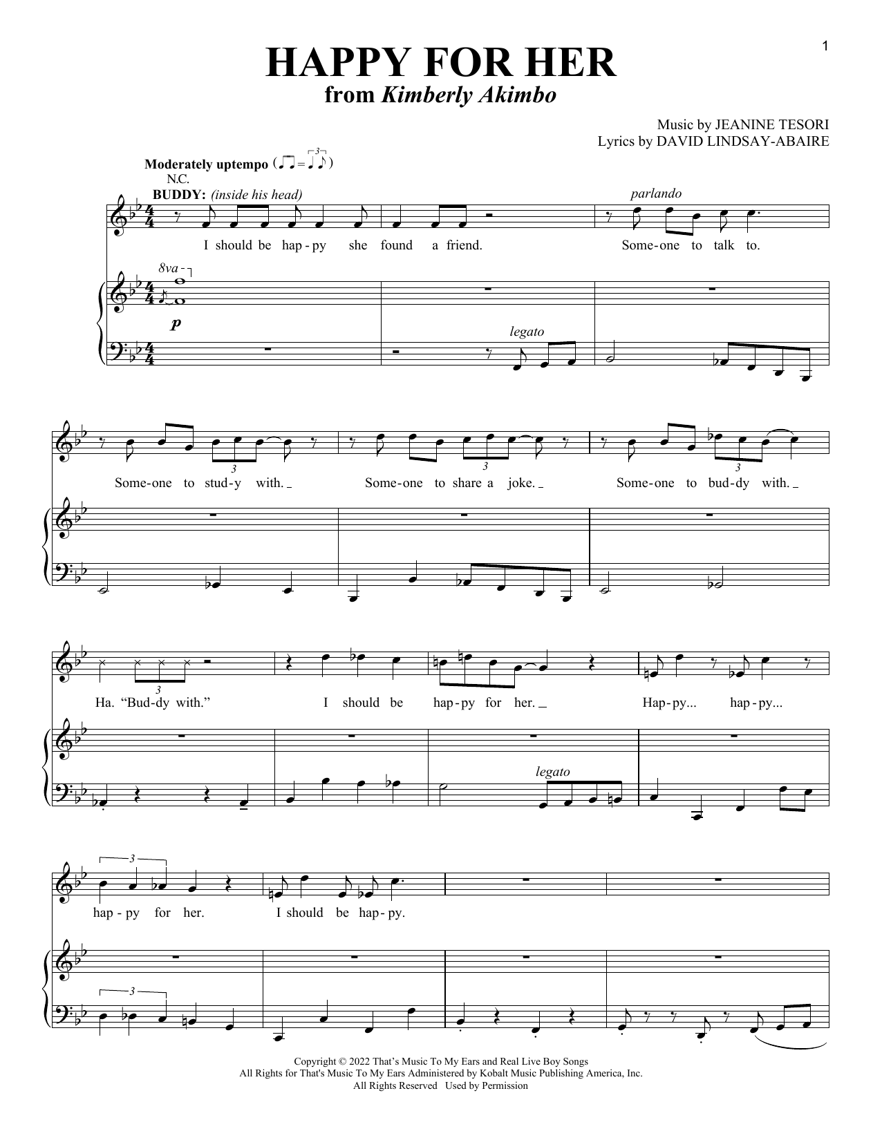 Download David Lindsay-Abaire and Jeanine Tesori Happy For Her (from Kimberly Akimbo) Sheet Music and learn how to play Piano & Vocal PDF digital score in minutes