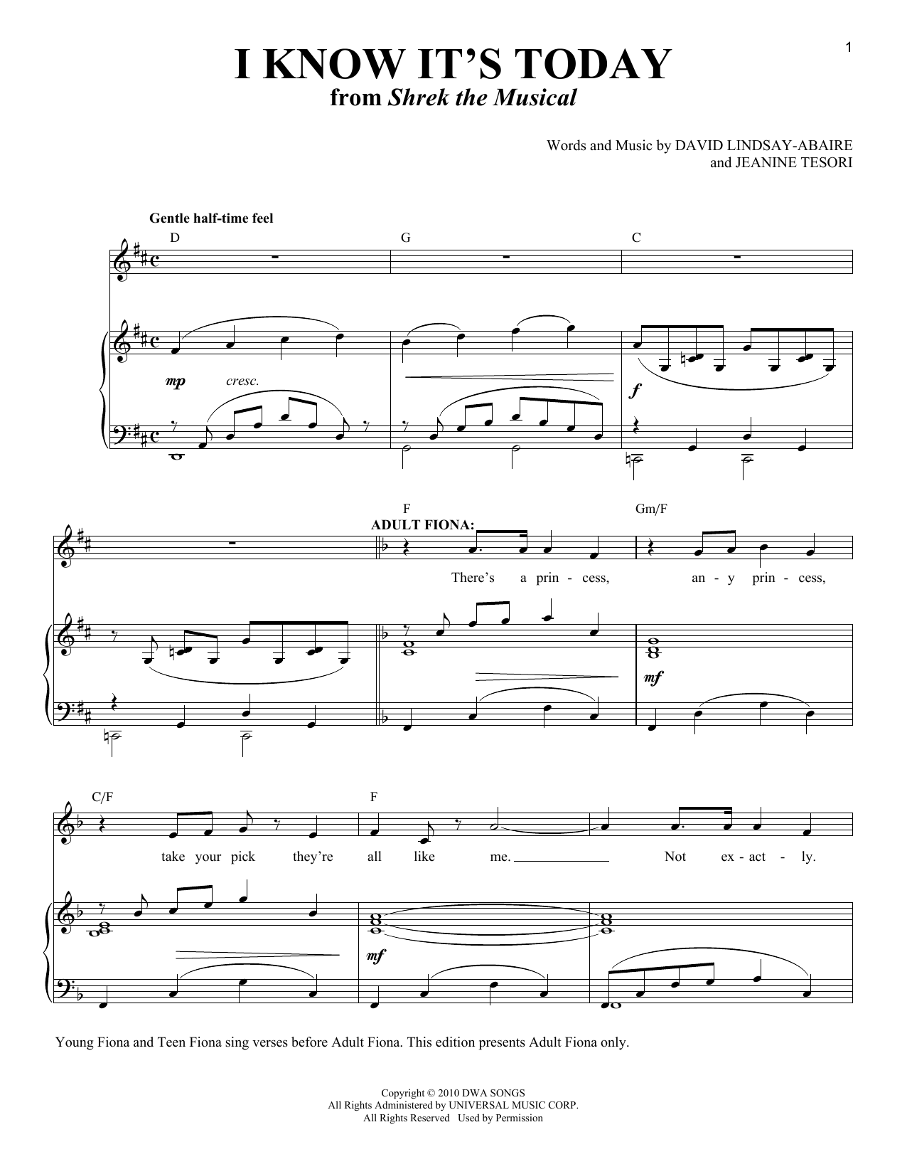 Download David Lindsay-Abaire and Jeanine Tesori I Know It's Today (from Shrek the Musical) (Adult Fiona) Sheet Music and learn how to play Piano & Vocal PDF digital score in minutes