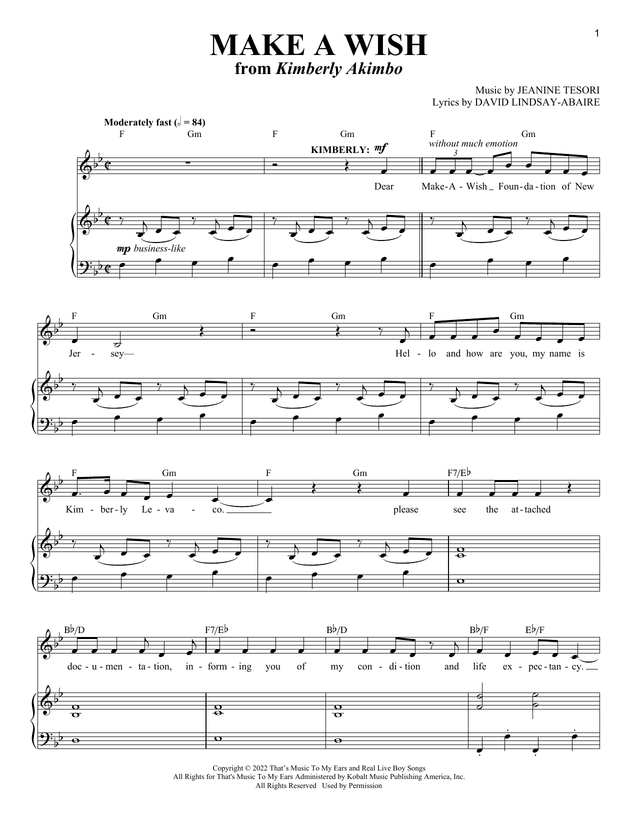 Download David Lindsay-Abaire and Jeanine Tesori Make A Wish (from Kimberly Akimbo) Sheet Music and learn how to play Piano & Vocal PDF digital score in minutes