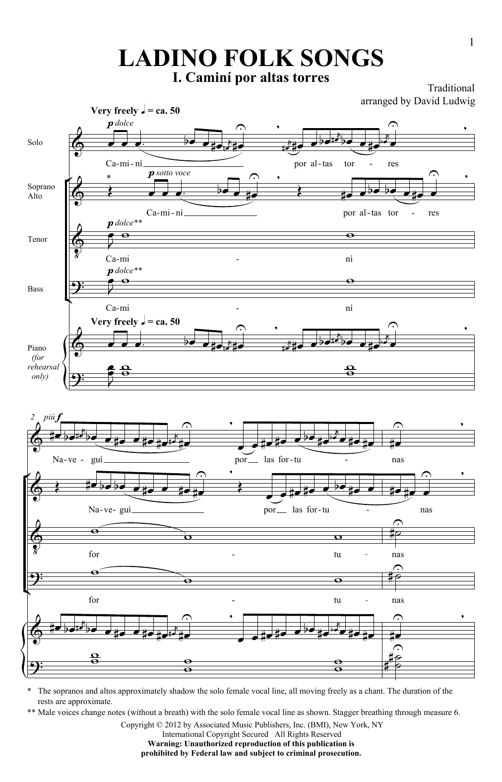 Download David Ludwig Ladino Folk Songs Sheet Music and learn how to play SATB PDF digital score in minutes