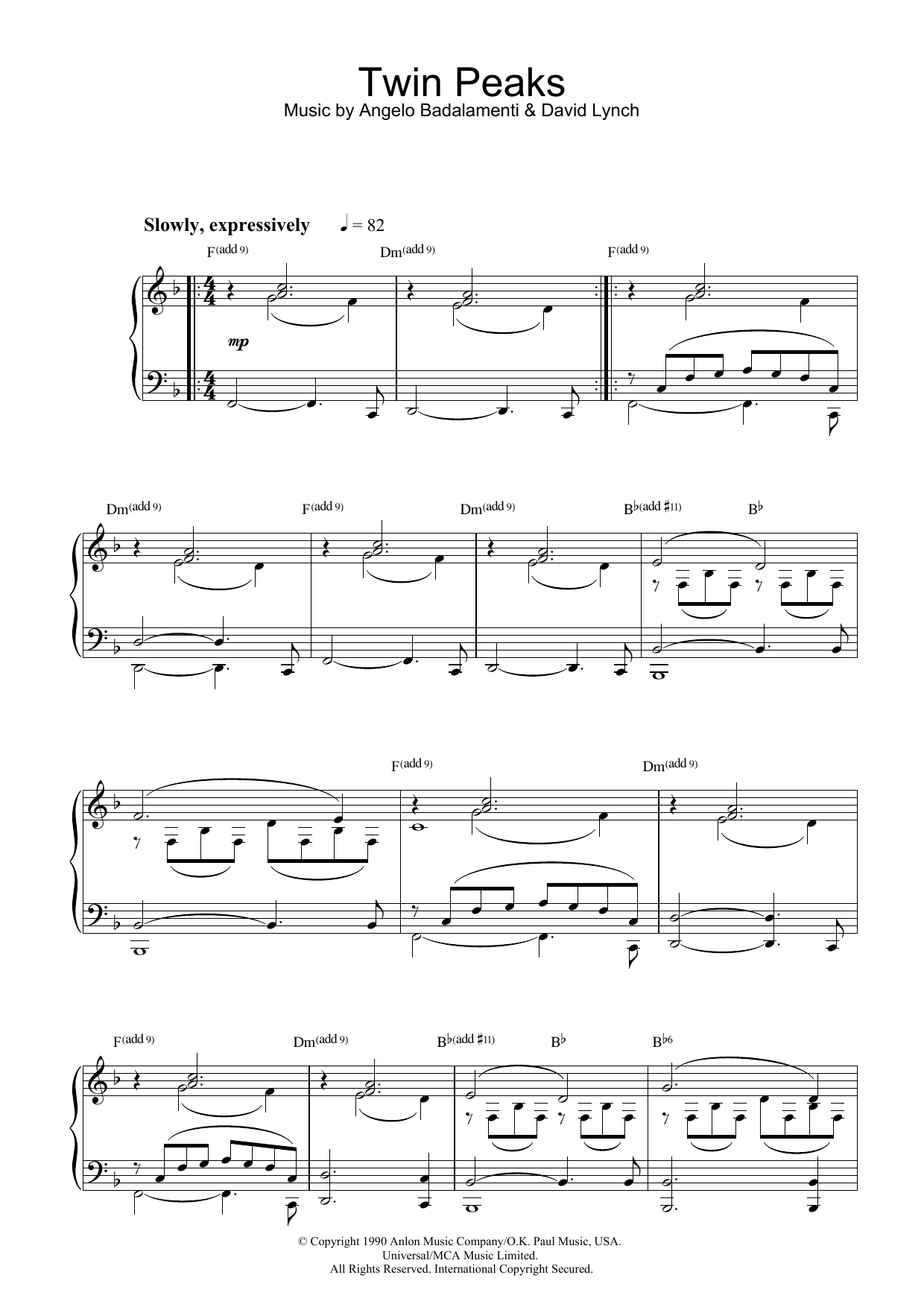 Download Angelo Badalamenti Theme from Twin Peaks Sheet Music and learn how to play Piano PDF digital score in minutes