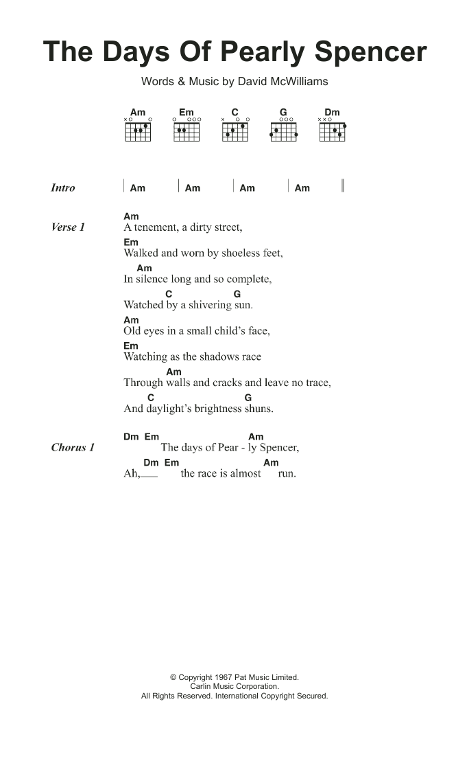 Download David McWilliams The Days Of Pearly Spencer Sheet Music and learn how to play Lyrics & Chords PDF digital score in minutes