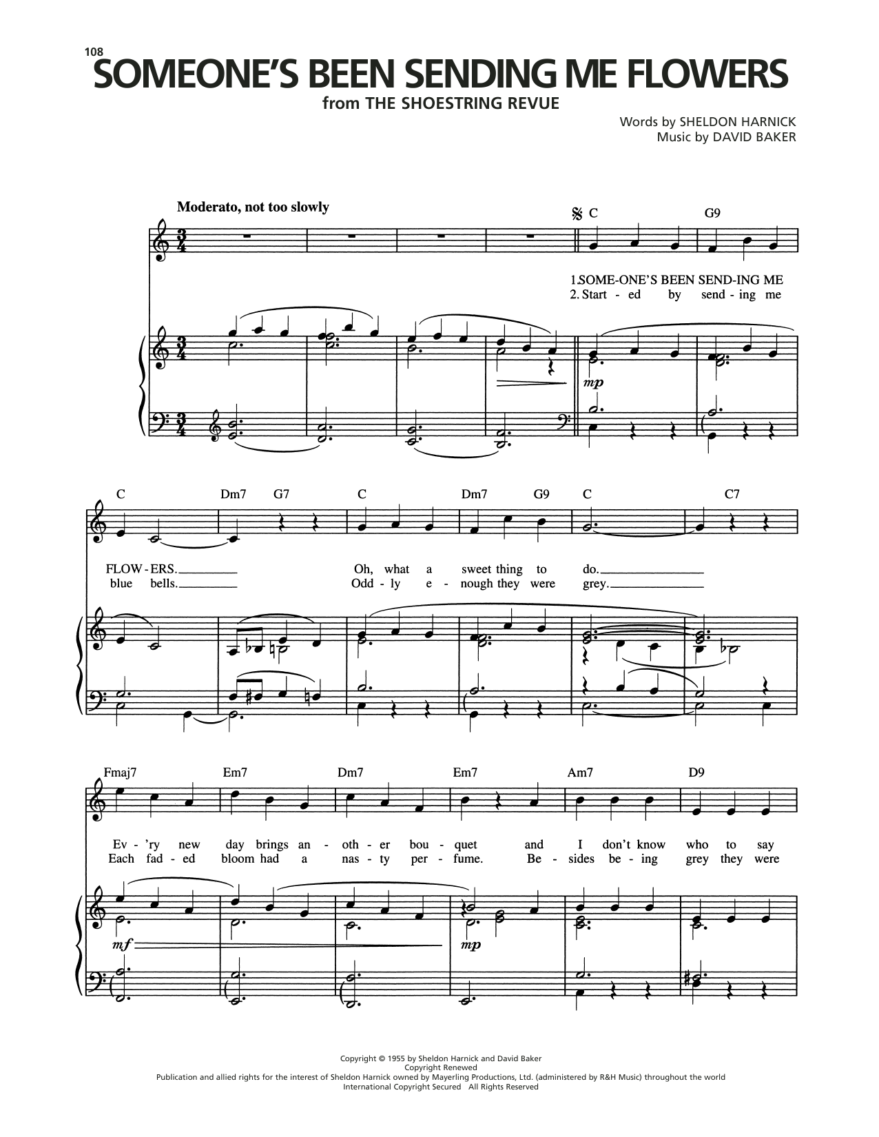 Download David Baker Someone's Been Sending Me Flowers (from Shoestring Revue) Sheet Music and learn how to play Piano, Vocal & Guitar Chords (Right-Hand Melody) PDF digital score in minutes